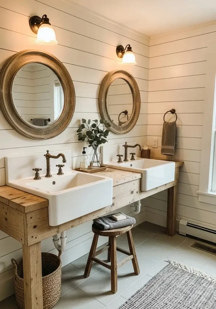 Farmhouse-style double sinks with apron front and shiplap walls.