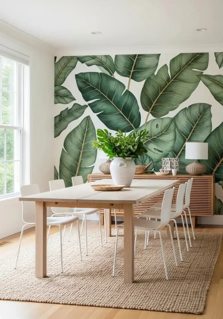 botanical wallpaper feature wall in green dining room