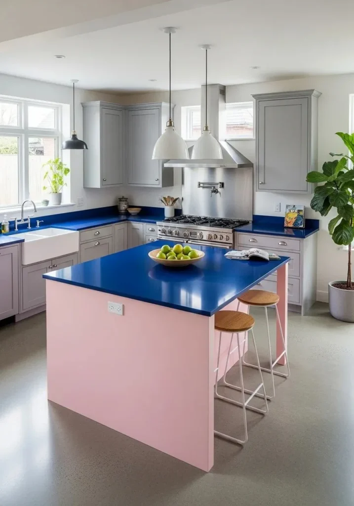 Two-tone U-shaped kitchen with contrasting colored island centerpiece.