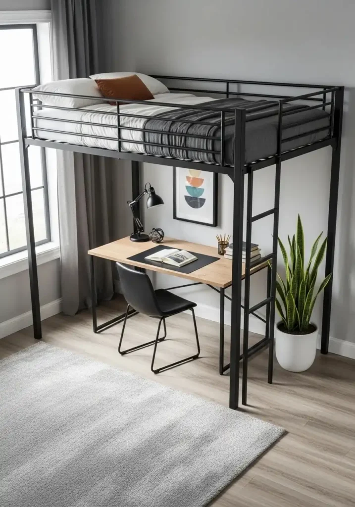 Modern black metal loft bed with a minimalist workspace underneath.