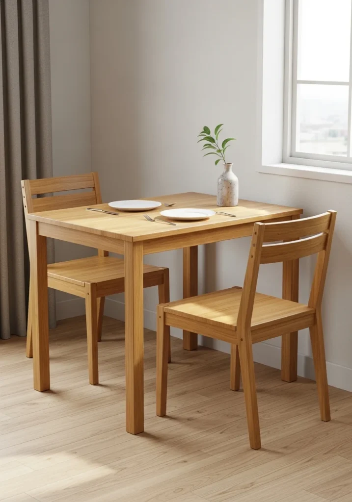 Compact wooden dining table with two chairs in a small, bright, and practical dining area.