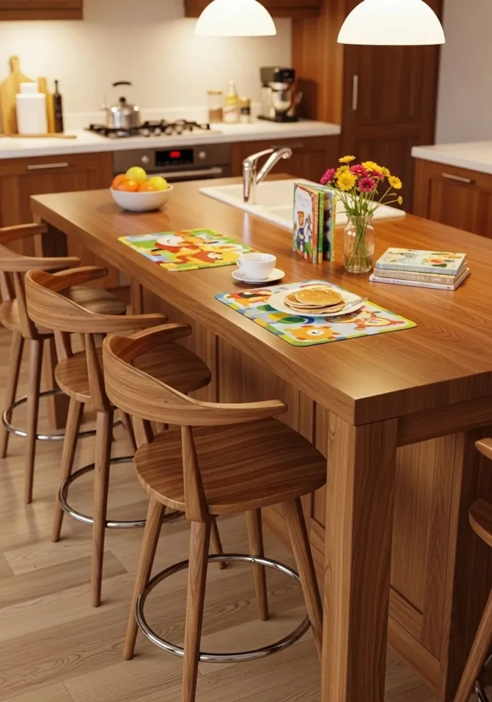 Backed bar stools at a kitchen island providing comfort and support for family use
