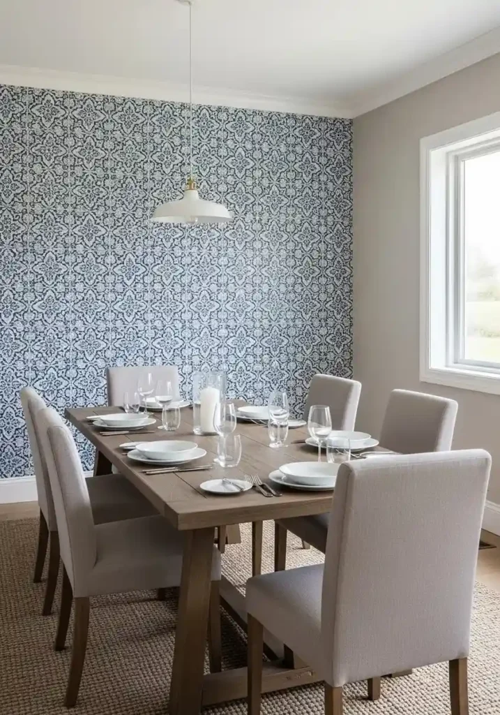 Blue tile statement wall in dining room with wooden table.