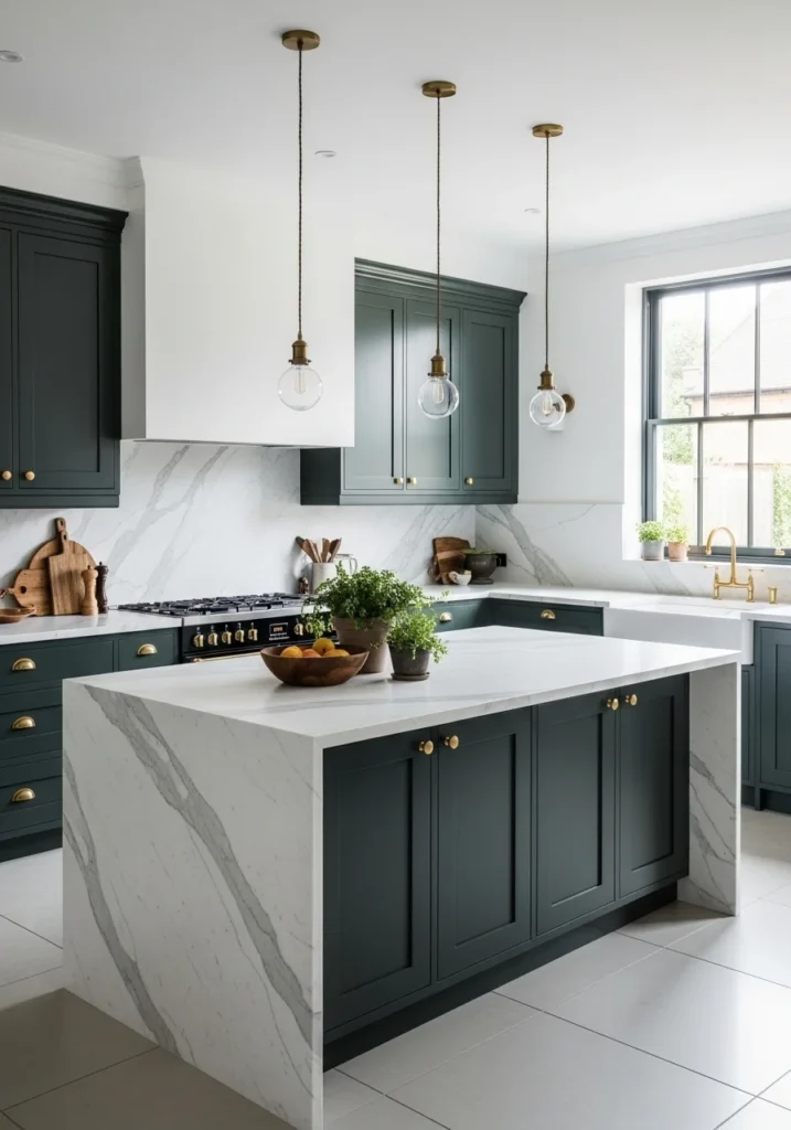 Elegant L-shaped kitchen with forest green cabinets and marble island.