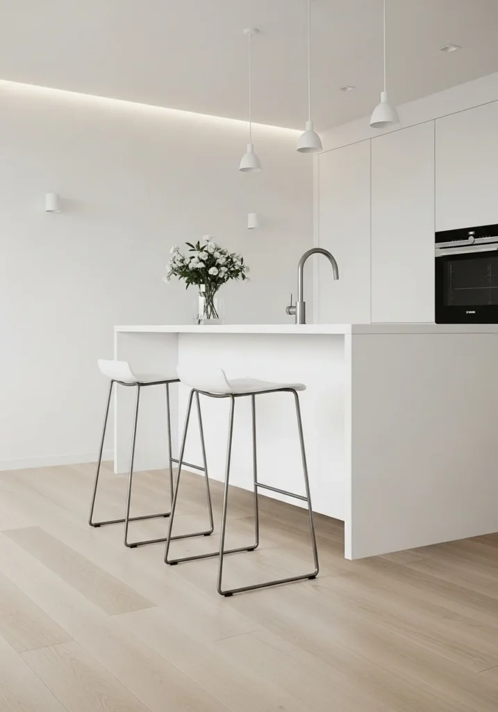 Backless bar stools under a modern kitchen island, ideal for small kitchens and minimalist spaces