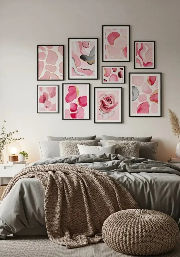 artistic pink and black gallery wall above bed in bedroom
