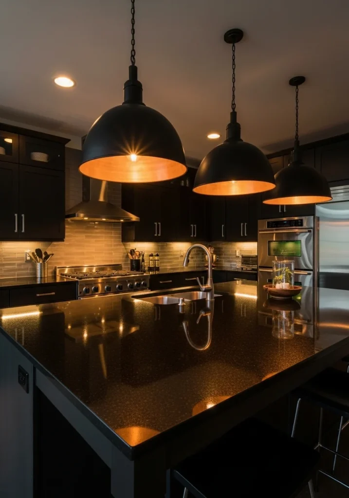 Statement pendant lighting over black kitchen countertops.