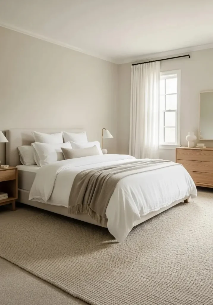 soft neutral color palette master bedroom with beige walls and white bedding