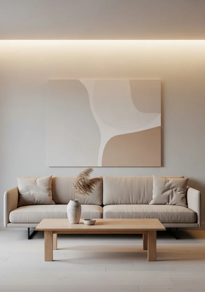 Minimalist living room with neutral tones, sleek furniture, and uncluttered design.