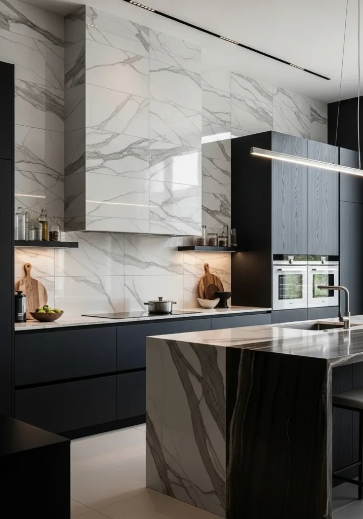 Full wall tile kitchen backsplash extending to ceiling for luxury look