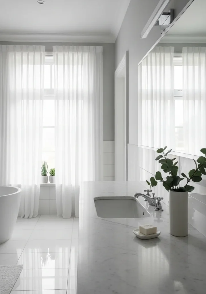 Bathroom with sheer white curtains softly filtering sunlight, creating a bright and airy space.