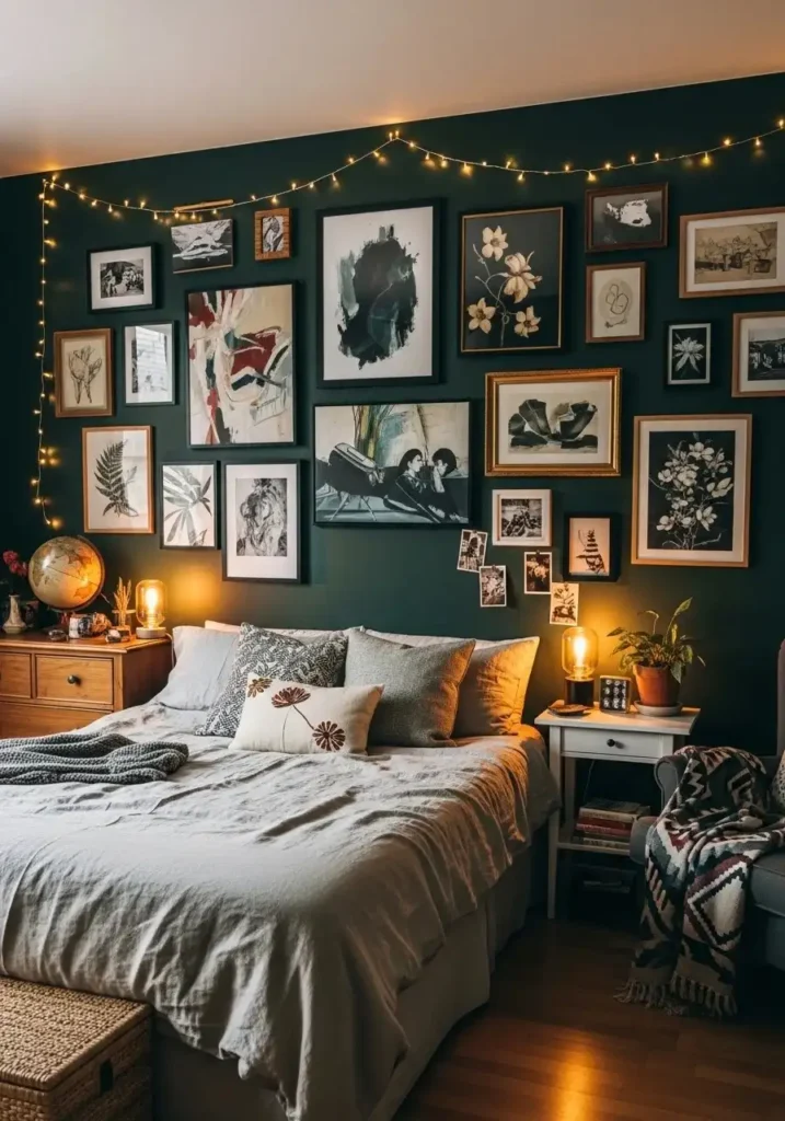 dark green gallery wall bedroom personalized decor idea