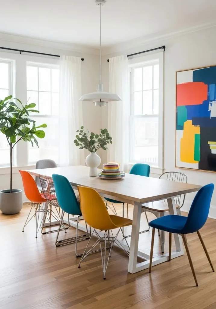 Dining room with colorful chairs around a neutral table.