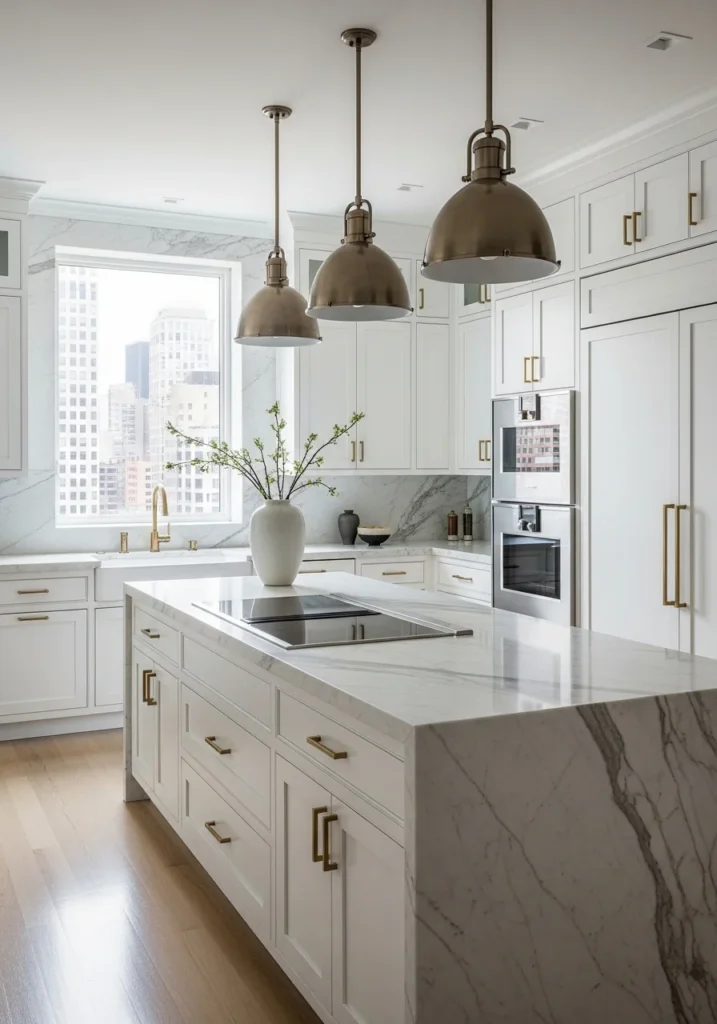 White kitchen cabinets with elegant gold hardware