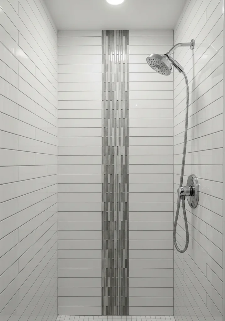 Small shower with vertical tile patterns creating a height illusion