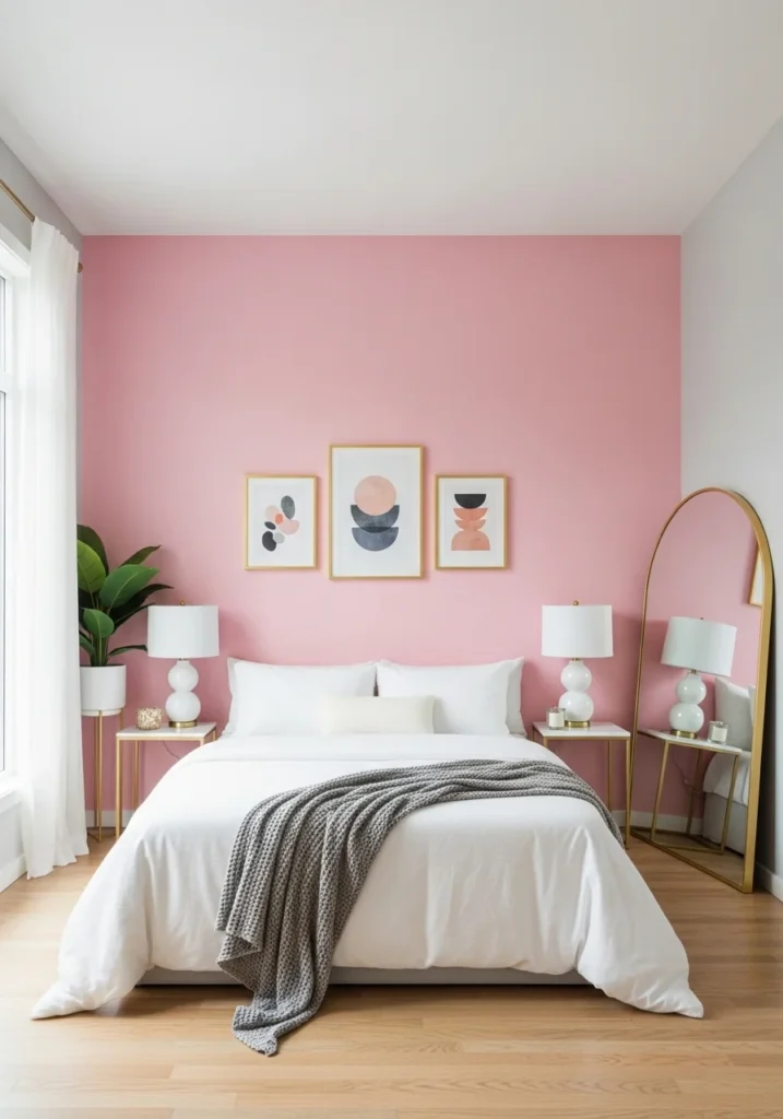 Bedroom featuring a pink accent wall behind the bed with minimalist artwork