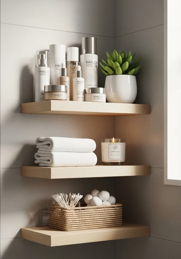 corner shelves storage solution for small bathroom