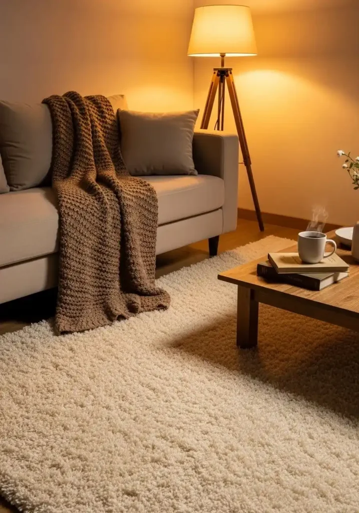 Soft ivory plush rug creating a cozy and inviting living room atmosphere