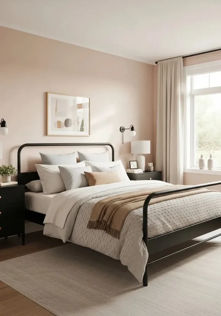 soft pink bedroom walls with black furniture and neutral bedding
