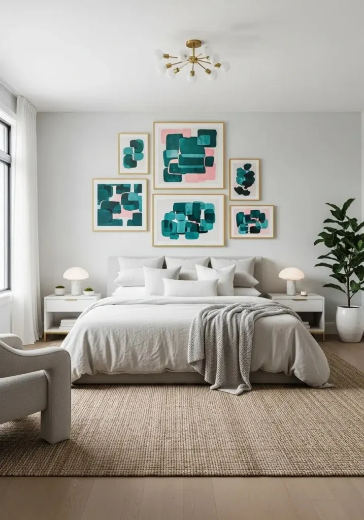 Teal and pink gallery wall bedroom