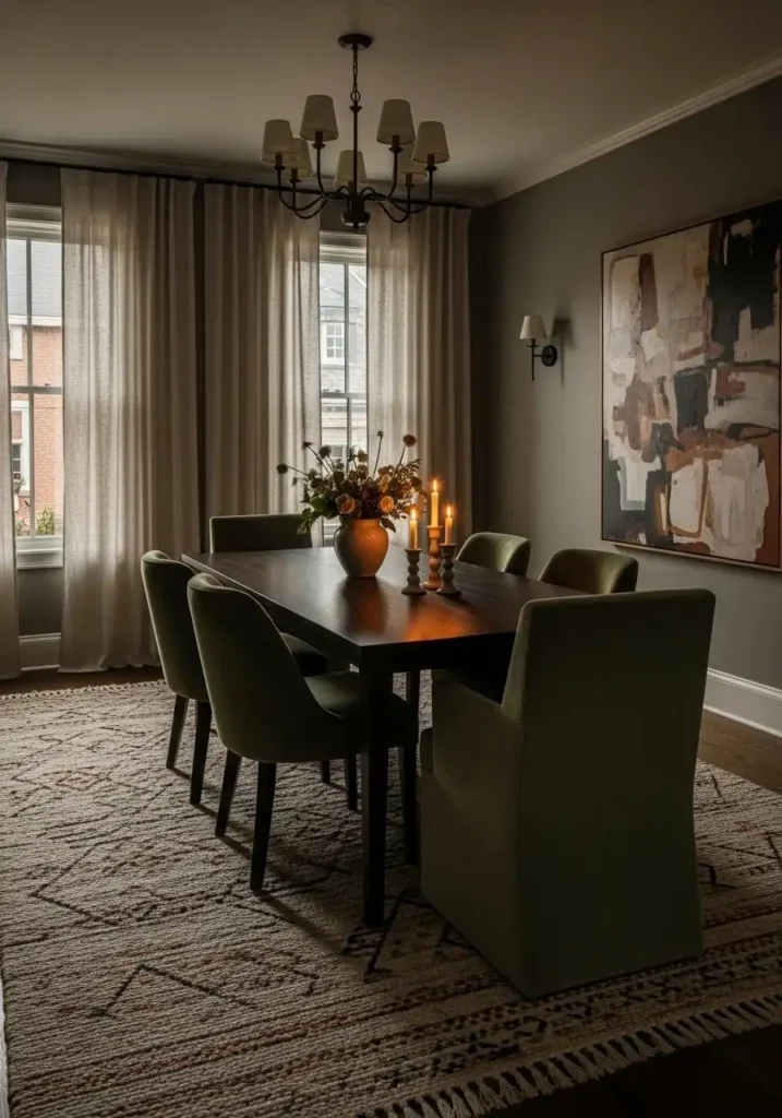 Moody dining room with layered textures and cozy decor.