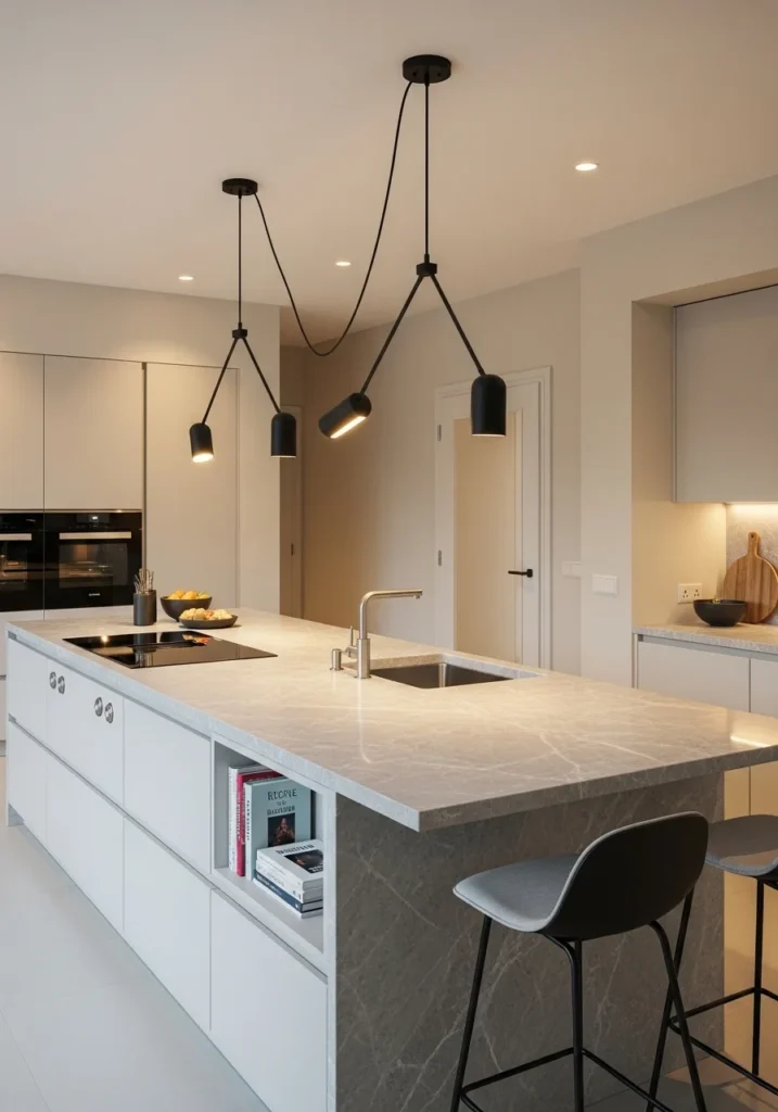 Adjustable pendant lights above the kitchen island allowing flexible task and ambient lighting.