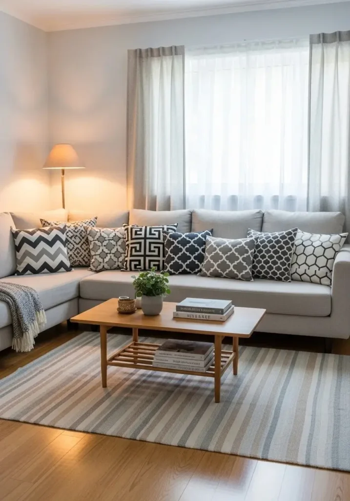 “Subtle patterns in living room adding depth and visual interest without overwhelming