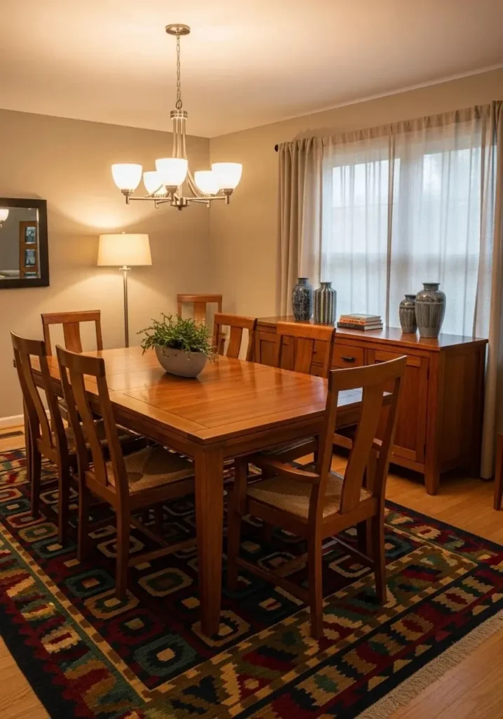 Dining room with a colorful rug anchoring the dining table.