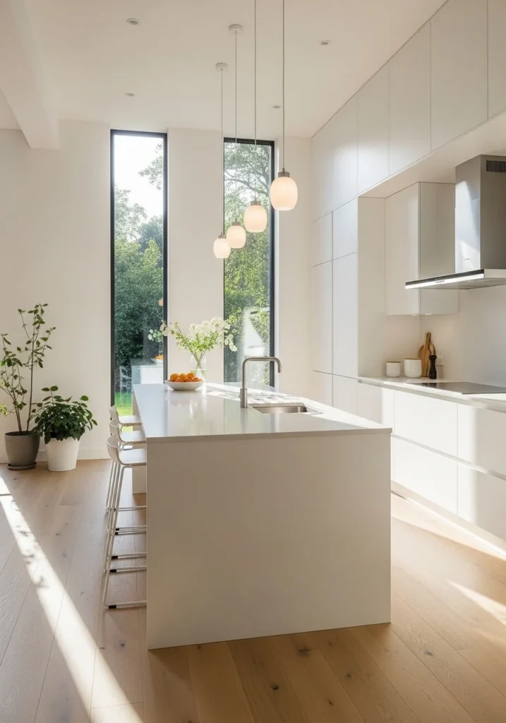 White kitchen with large windows and natural sunlight