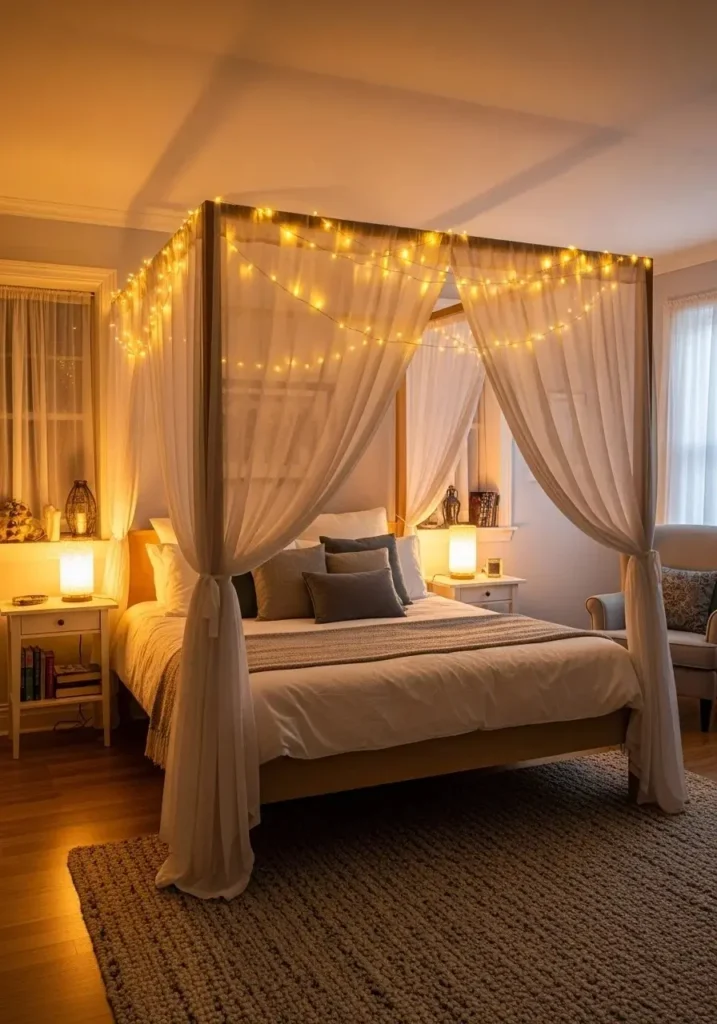 LED lights inside canopy bed creating cozy bedroom ambiance