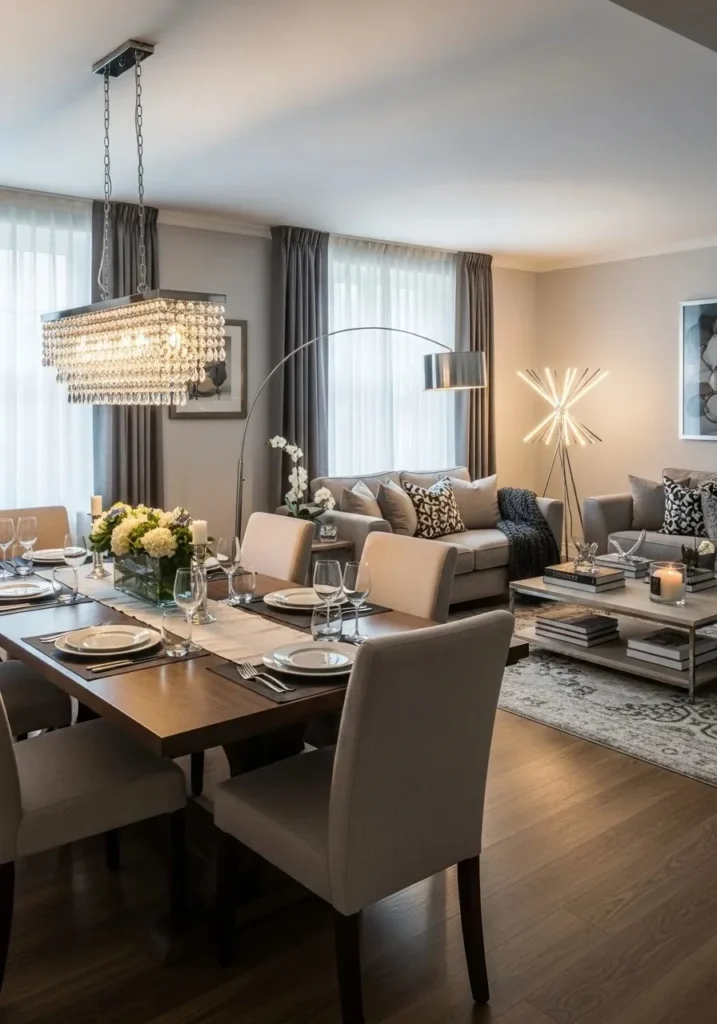 Different lighting separating living and dining zones in combo layout