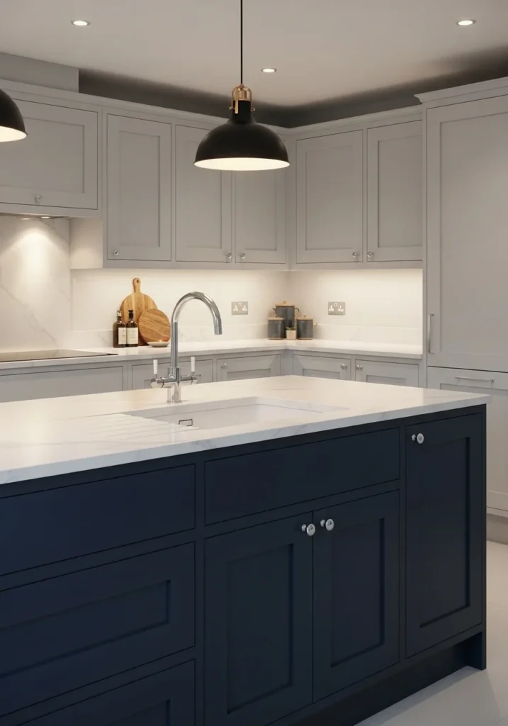 Two-tone kitchen island with sink combining navy and white design