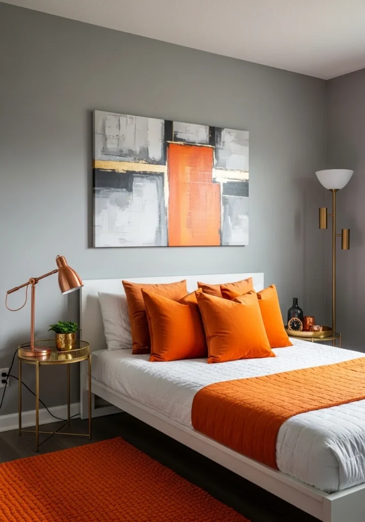 Modern bedroom with gray walls accented by orange décor and metallic accents.