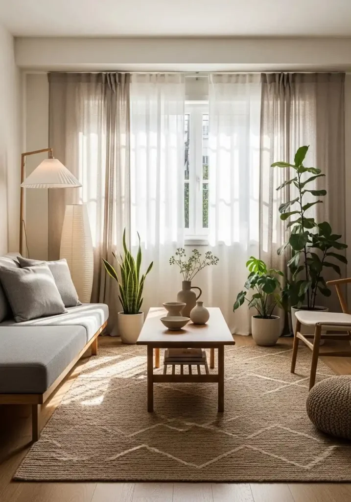 Japandi living room with light and airy window treatments