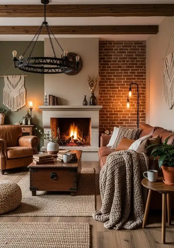 Brick accent wall in living room creating a warm and rustic feel
