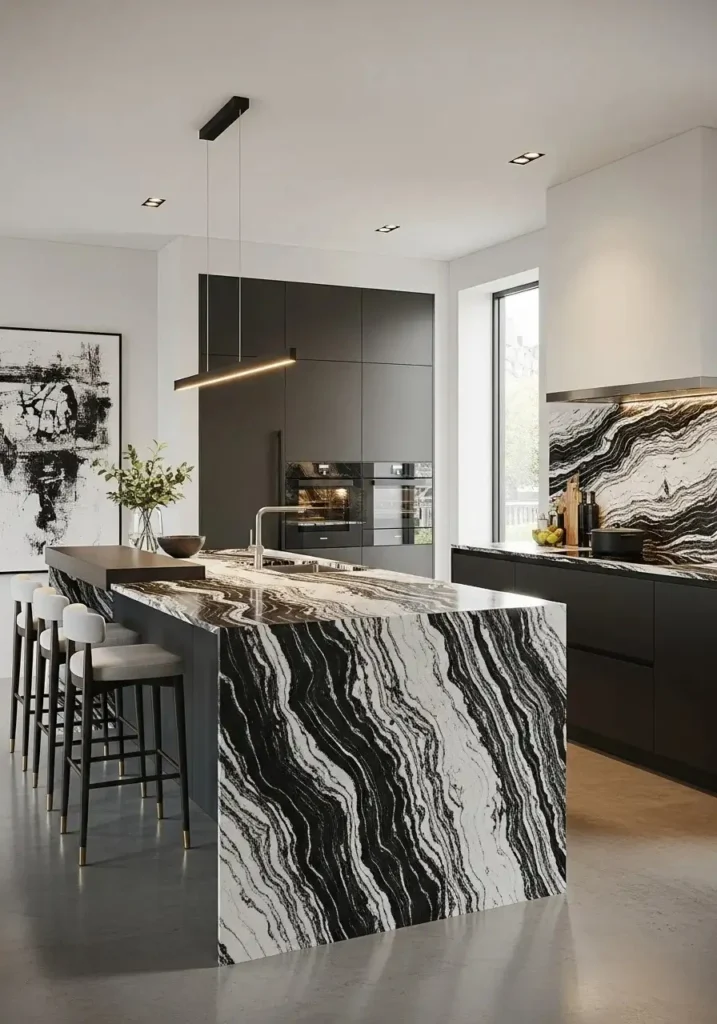 waterfall island in black and white countertops kitchen