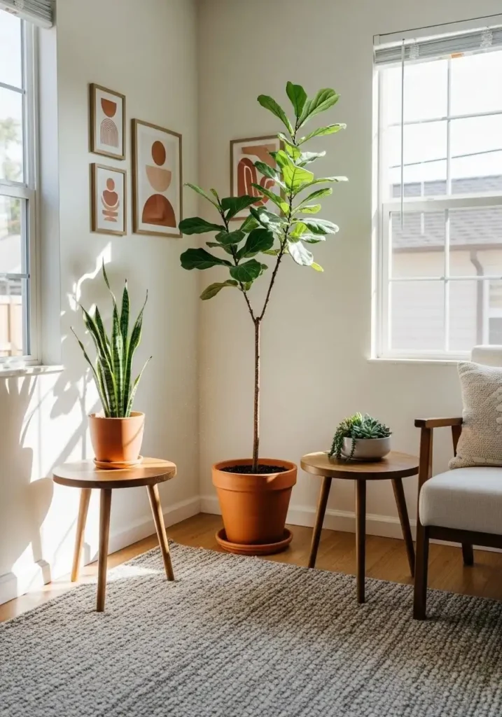 Indoor plants in living room adding color, freshness, and a relaxing atmosphere