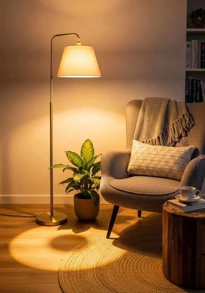 Cozy corner with soft floor lamp lighting in living room