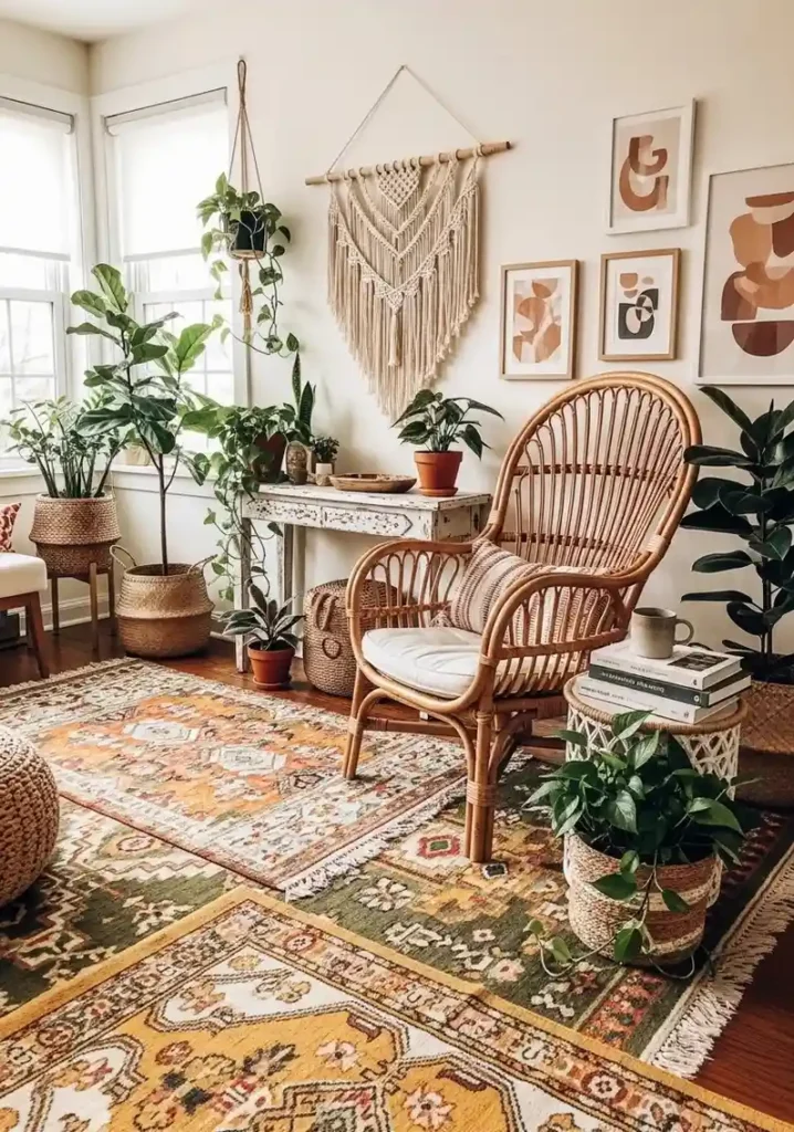 Boho-inspired living room with rattan furniture, layered rugs, and indoor plants.