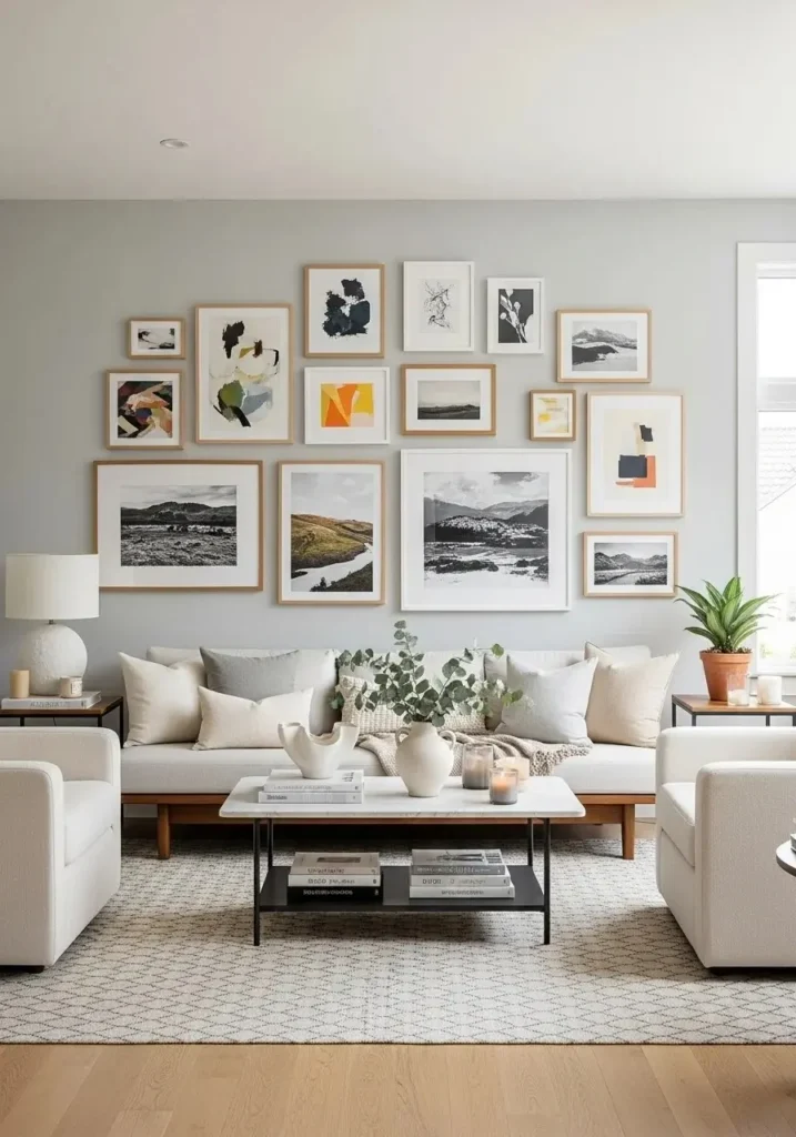 Curated living room wall art and decor adding character and style.