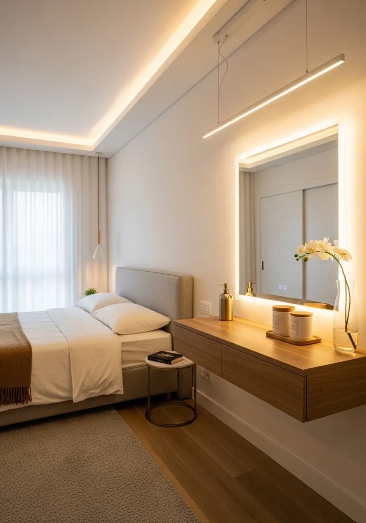 LED lights around mirror for soft and functional bedroom lighting
