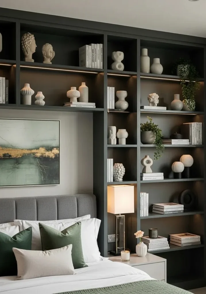 dark green built in shelves bedroom stylish storage idea