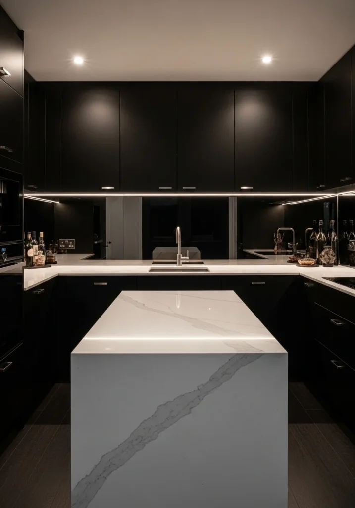 Modern black U-shaped kitchen with marble island and reflective backsplash.