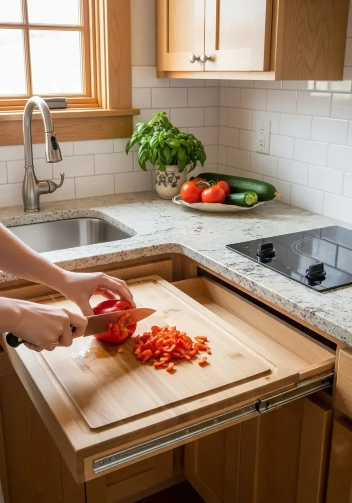 Pull-out cutting board adds prep space in small kitchens without taking permanent room.