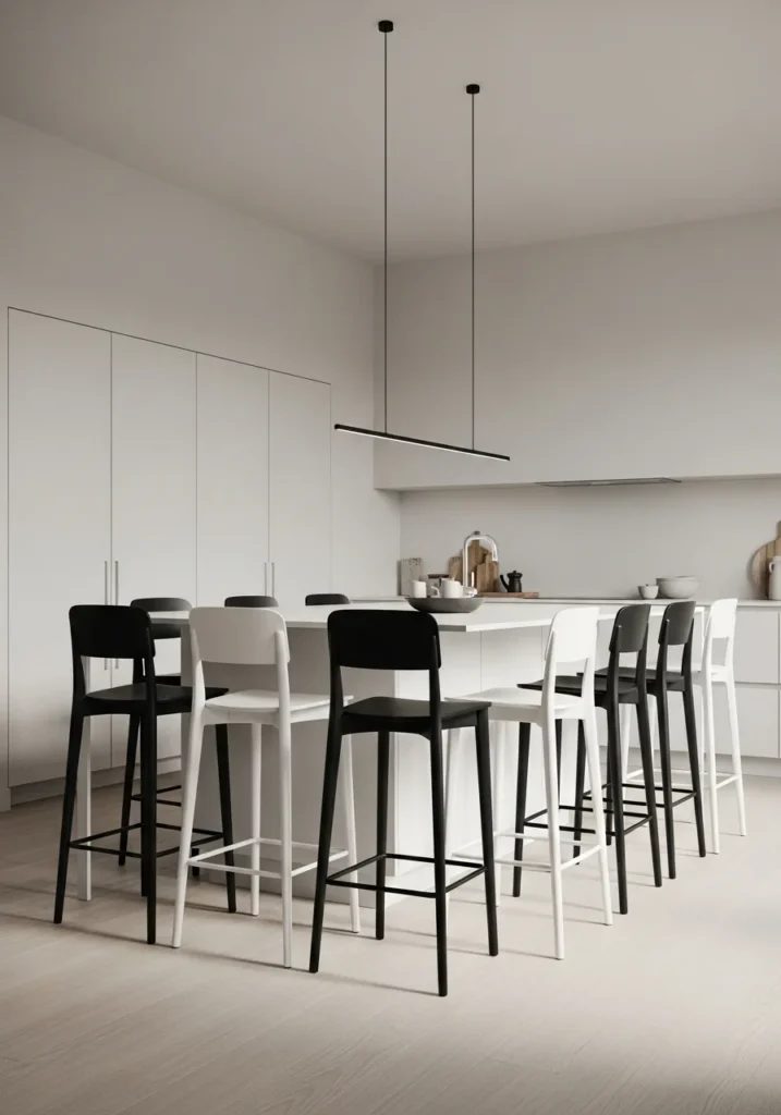 Rattan woven bar stools at light wooden kitchen island, natural textures, coastal-boho vibe, sunny relaxed kitchen