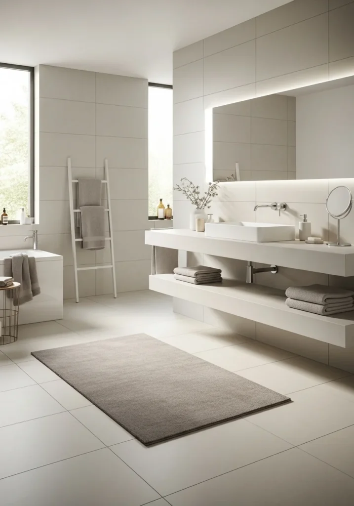 Neutral toned minimalist bathroom rug in modern clean space