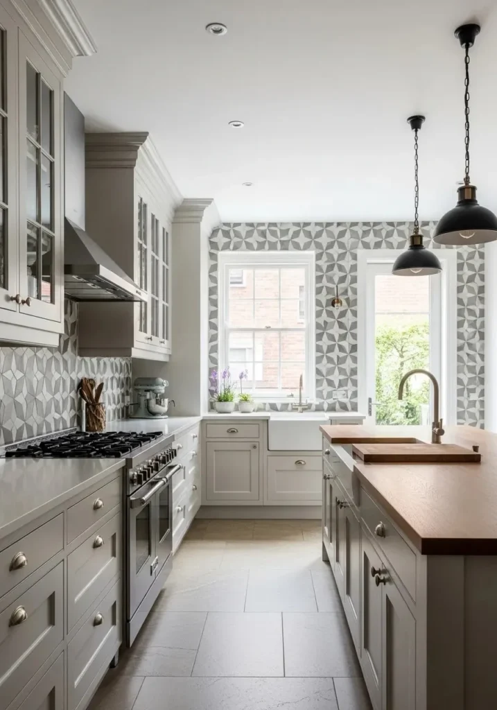 Long kitchen with patterned backsplash adding personality and movement along the wall