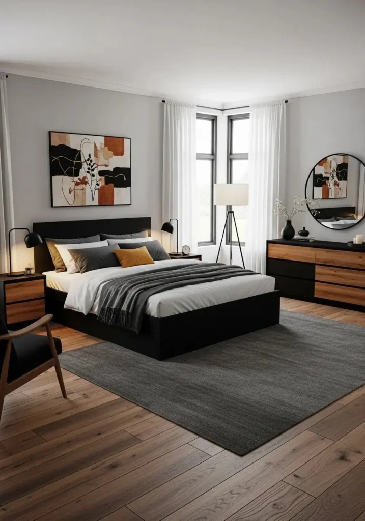 black and wood bedroom contrast moody decor idea