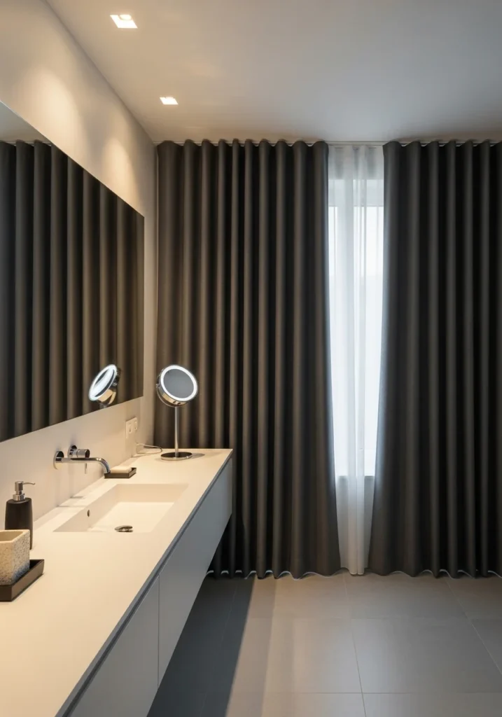 Bathroom with blackout curtains providing full privacy and light control.