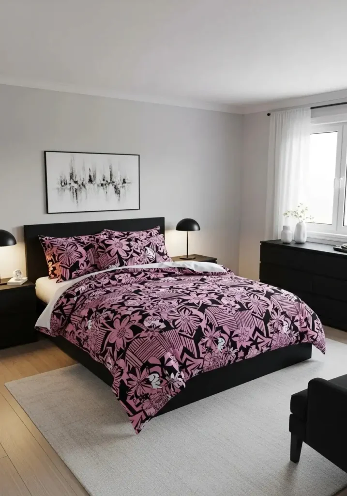 pink and black patterned bedding in stylish bedroom